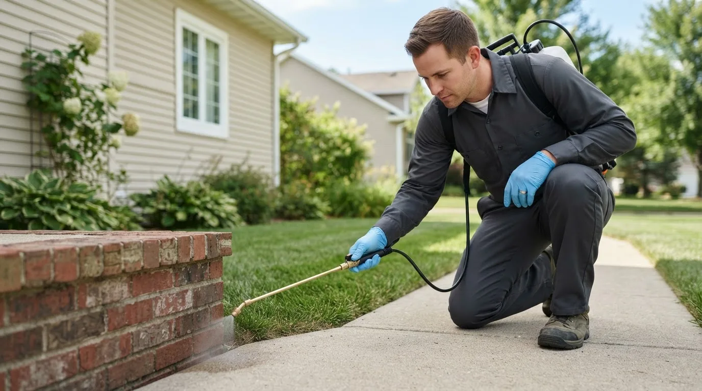 Pest control technician treating a home near Eden, VT
